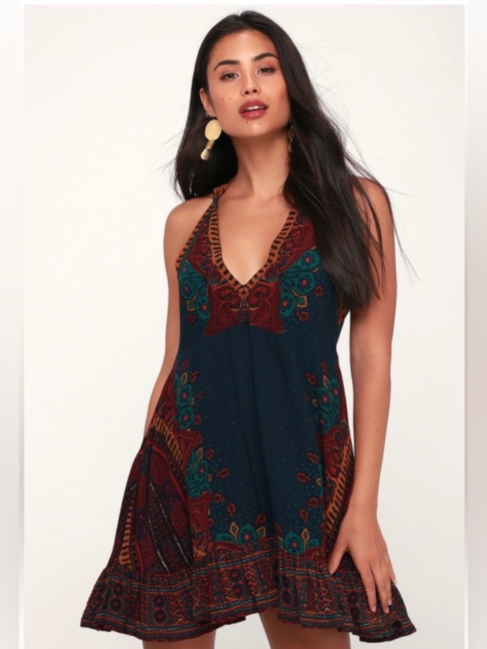 Free People Steal the Sun Teal Blue Print Tunic Size XS
